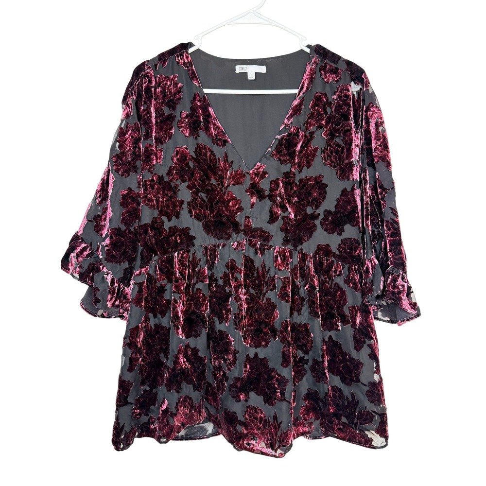 DR2 L Burgundy Velvet Burnout Floral V Neck Ruffle Sleeve Whimsigoth Romantic